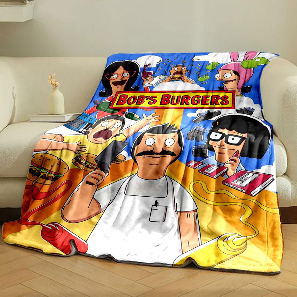 Cartoon characters surrounding a "Bob's Burgers" sign with food and items. for all seasons blanket lunch break throw gift