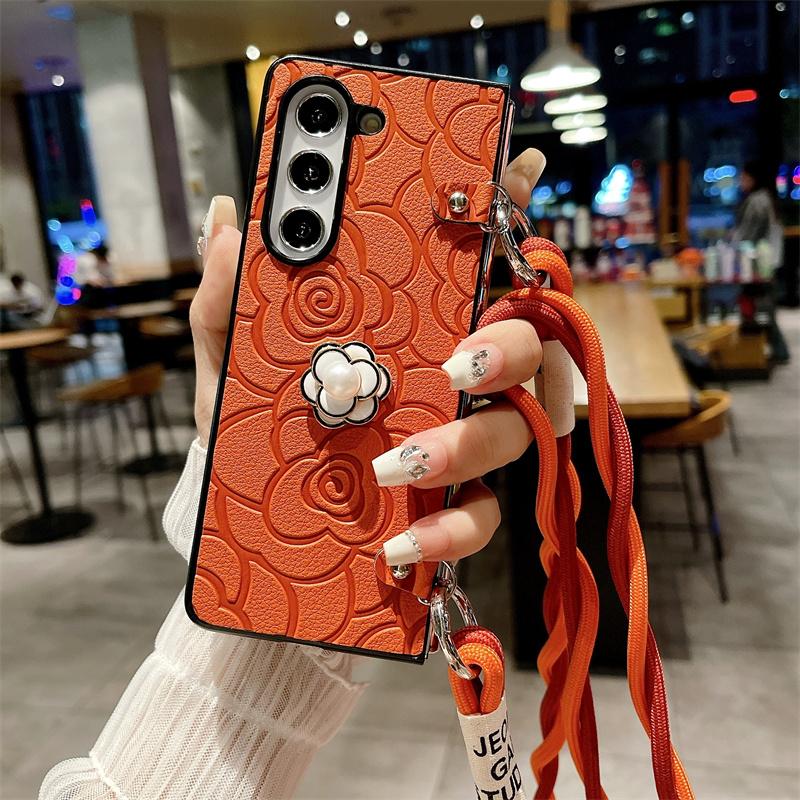 Чехол для телефона с цветком из кожи через плечо для Samsung Galaxy Z Fold 6 5 4 3 Fold6 Fold5 Fold4 Fold3 5G Hard Shell Противоударный чехол