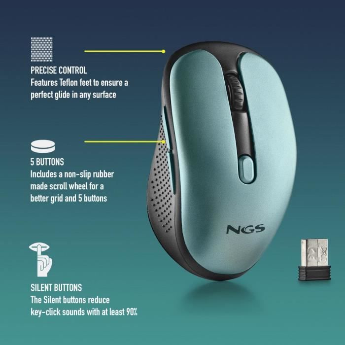 Ngs evo rust ice - souris sans fil rechargeable 2,4ghz,touches silencieuses,3 niveaux de résolution, conçue pour les droitiers, bleu