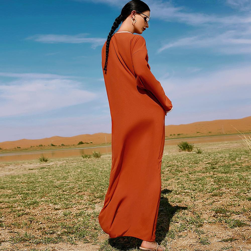 Women's Clothing Orange Handmade Rhinestone Webbing Dubai Loose Muslim Dress