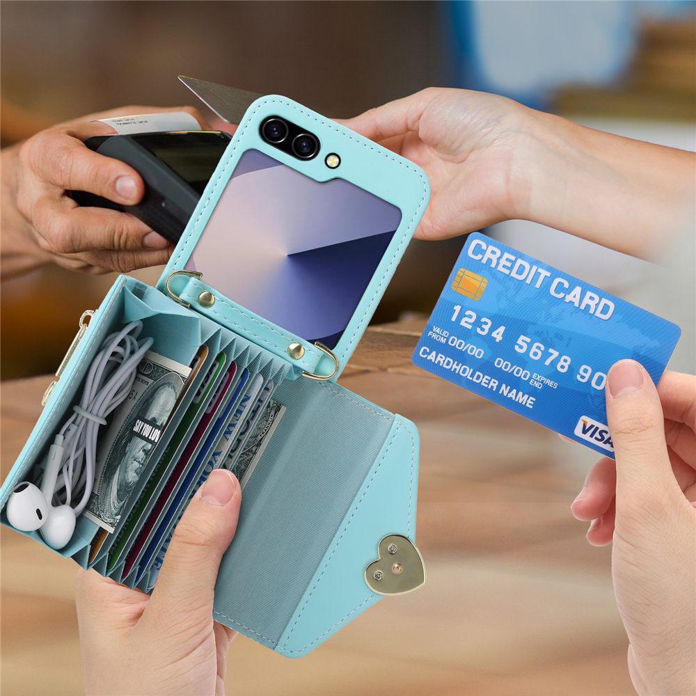 Love Heart Zipper Crossbody Wallet Leather Case For Samsung Galaxy Z Flip 6 Flip 5 4 3 Cards Holder Long Lanyard Cover