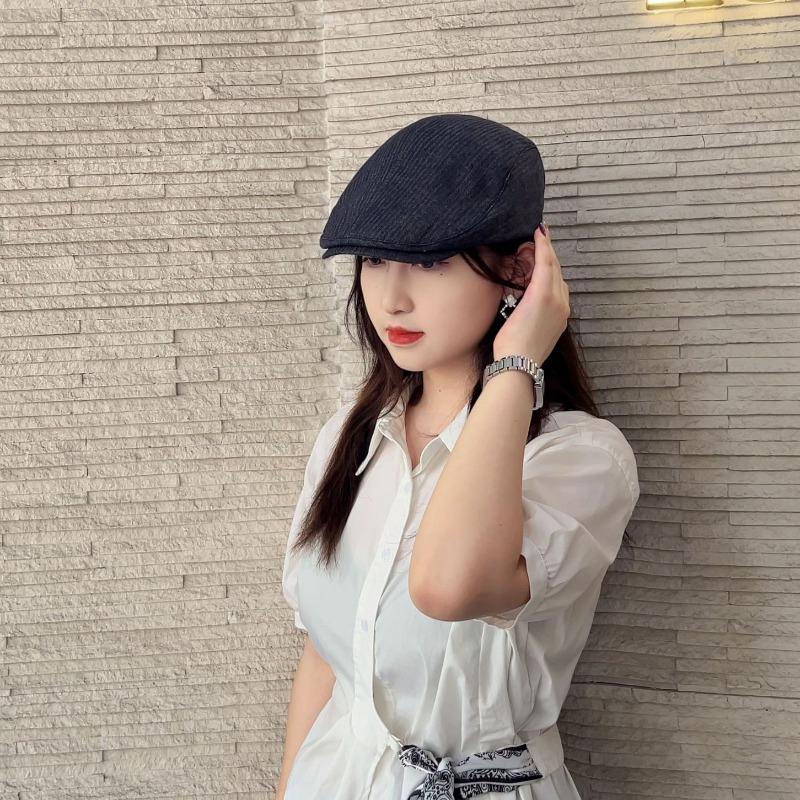 25 Early Autumn New Cotton and Linen Striped Forward Hat Women's Big Head Circumference Shows the Face of the Small Beret Tide