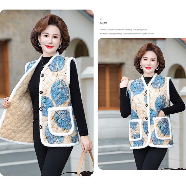Autumn Winter Women's Flocking Vest Thick Warm Printed Fleece Cardigan Vest Outwear