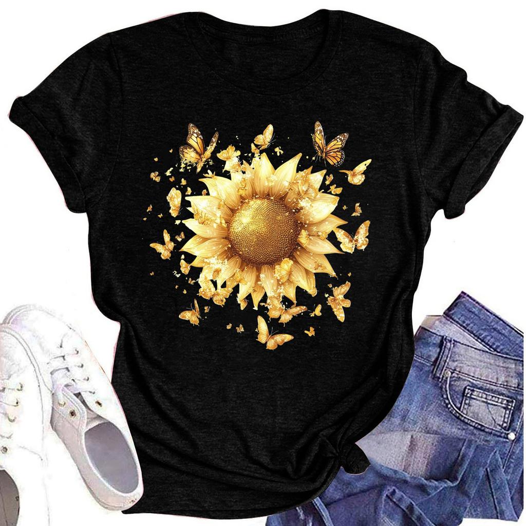 Женская повседневная футболка с круглым вырезом и цветочным принтом, короткий рукав