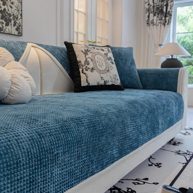 Waffle Chenille Sofa Cushion Non-Slip Plaid Backrest Armrest Towel Universal Living Room Four Seasons Simple