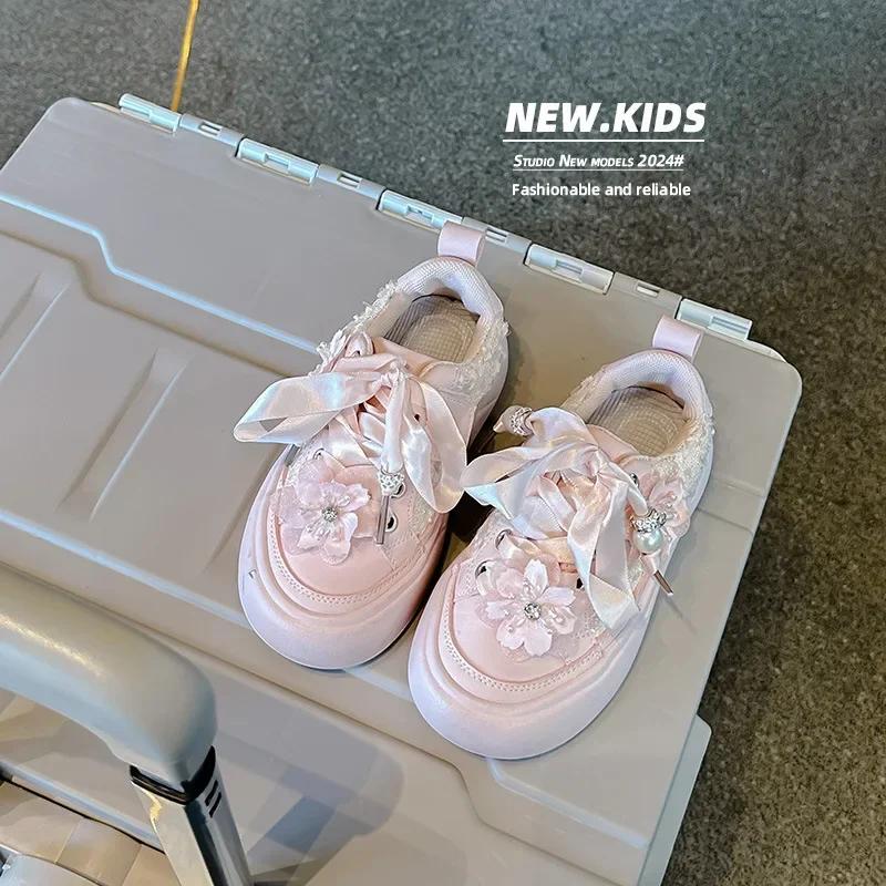Girls Sports Shoes Chinese Style Kids Casual Shoes with Sweet Flowers 2024 Autumn New Girls Princess Shoes with Cute Ribbon Bow
