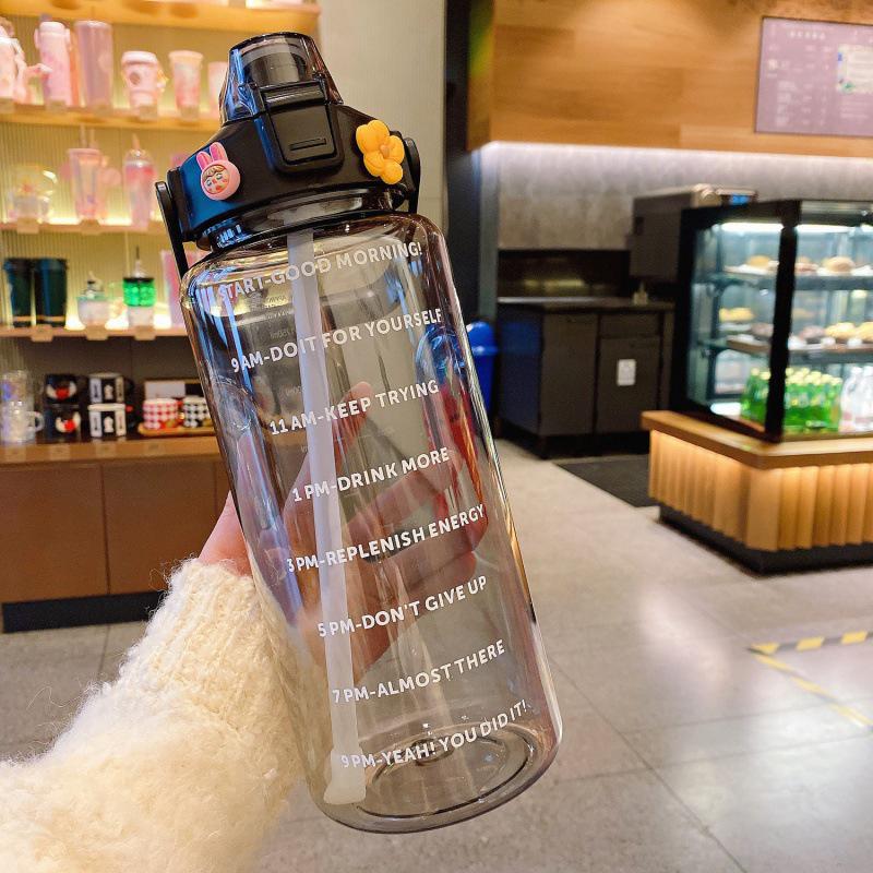 2 Liters Plastic Kettle Large Portable Travel Water Bottle With Straw Sports Fitness Cup Portable Drink Bottle With Sticker