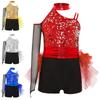 Girls Jazz Dance Costume Sparkly Sequins Bodice Feather Tulle Skirted Leotard Ruched Waist Asymmetrical Color Block Jumpsuit