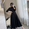 Women's Fashion Black Round Neck Long Sleeve Sexy Temperament Waist Slim Long Swing Skirt Dress