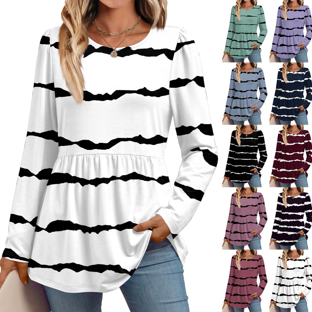 Women's Casual Fashion Long Sleeve Shirt Striped Tunic Top