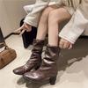 Осень Зима Новые Популярные Мягкая Кожа Разделенный Носок Женские Ботильоны Толстый Высокий Каблук Массивная Обувь Инс Стиль Короткие Ботильоны