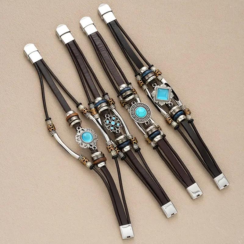 17KM Комплект из 4 мужских браслетов в богемном стиле из бирюзы и искусственной кожи - подойдет для повседневного ношения или в качестве подарка друзьям