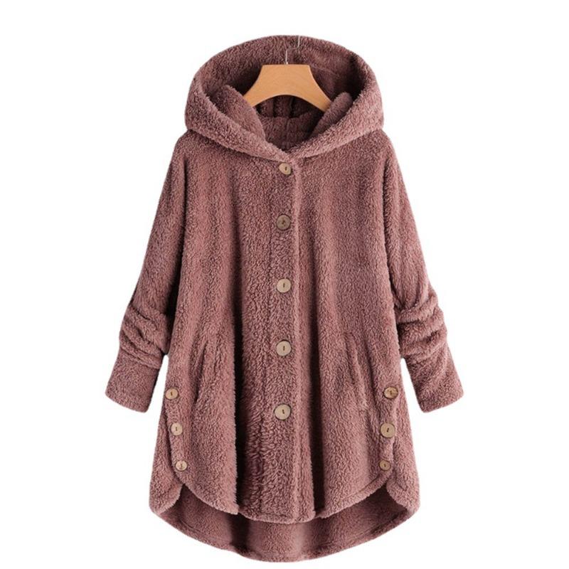 Women's Coat Button Plush Solid Color Hooded Jacket