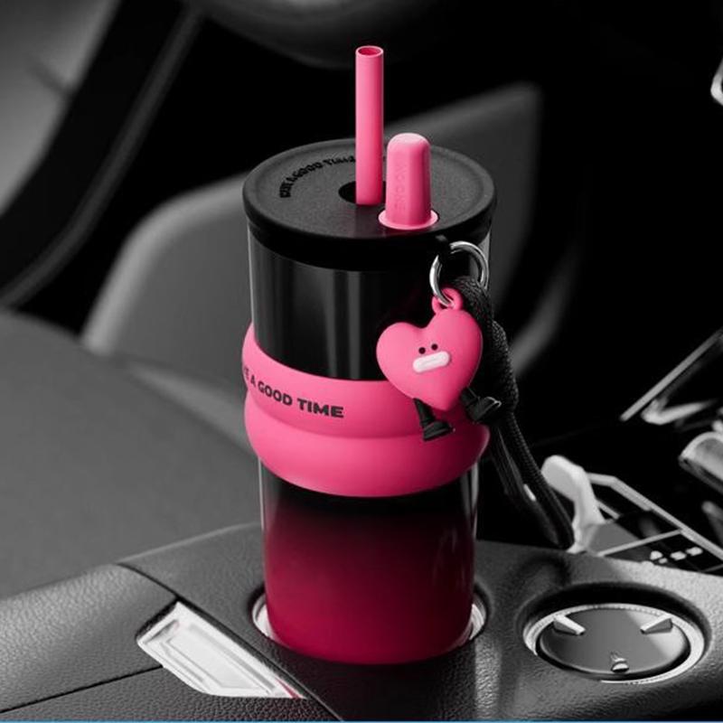710Ml Large Capacity Car Thermos Mug Stainless Steel Vacuum Flask With Retractable Straw Leak-Proof Coffee Tea Cold Drink Bottle