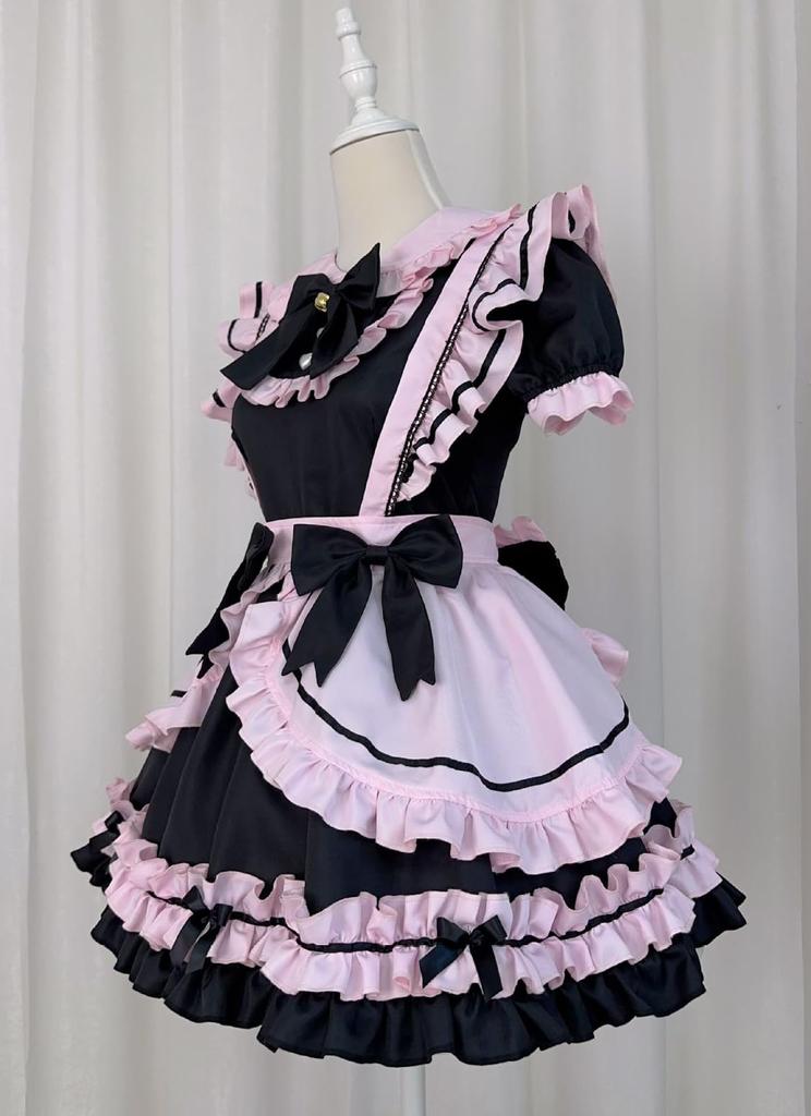 Maid Gothic Waitress Cosplay Costume with Frilled Lolita Neat and Perfect for Cafes and Amusement Short Black and Pink Ear Size [Shangki