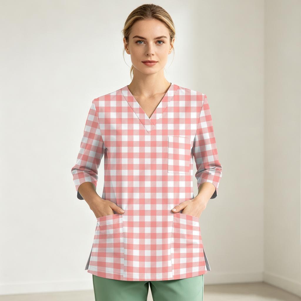 Women's V-Neck Uniform Top with Single Pocket and Side Slit 3/4 Sleeve