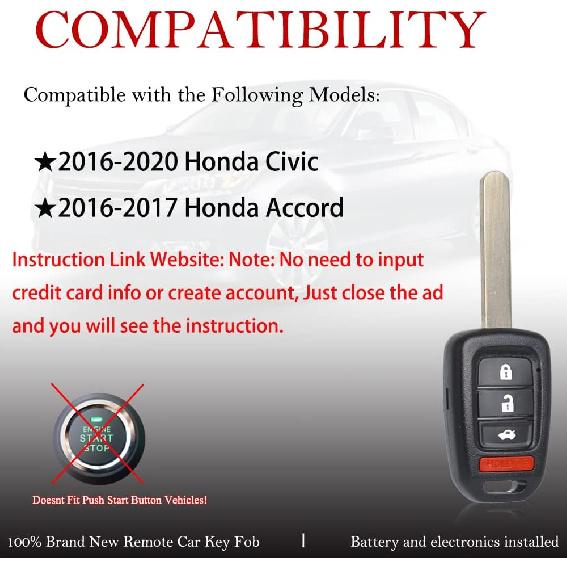 МеханическийМагический Брелок Замена Пульта ДУ Подходит для Honda Civic 2016 2017 2018 / Accord 2016 2017 MLBHLIK6-1TA Бесключевой Доступ Пульт Дистанционного Управления Необрезанный 4