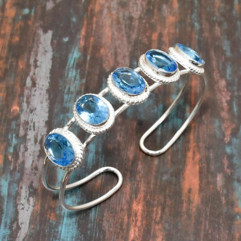 Swiss Blue Topaz, Gemstone Handmade Solid 925 Sterling Silver Jewelry Bangle For Women