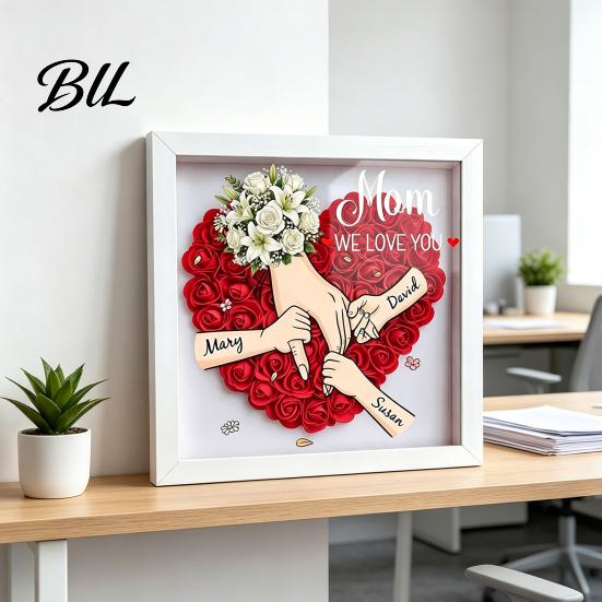 Shatterproof Acrylic Frame Personalized Mommy I Love You Flower Shadow Box Custom Names Holding Hands Gifts for Mom Grandma from Daughter or
