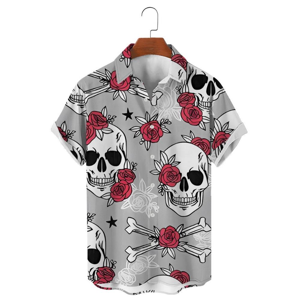 Модные мужские рубашки с цветочным принтом в виде черепа, забавный 3D-принт черепа, уличная одежда, футболки с коротким рукавом, гавайские рубашки с принтом на лацканах для мужчин