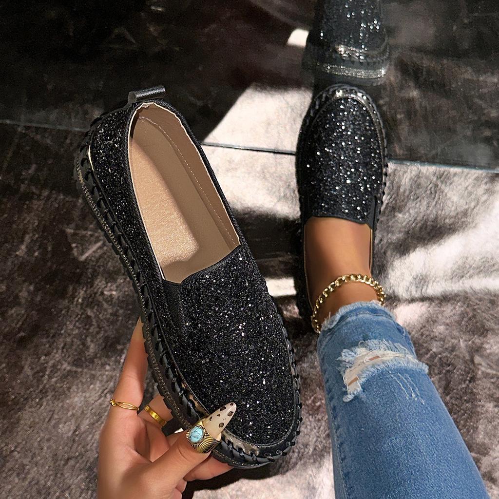 Fashion Women's Bling Rhinestone Decor Flats Comfort Thick Sole Slip On Casual Shoes Woman Fashion Gold Silver Glitter Platform Loafers