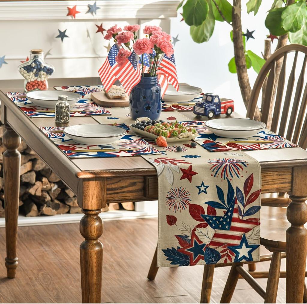 Fireworks Leaves Stars 4th of July Placemats Set of 4, 12x18 Inch Patriotic Memorial Day Table Mats for Party Kitchen Dining Decoration