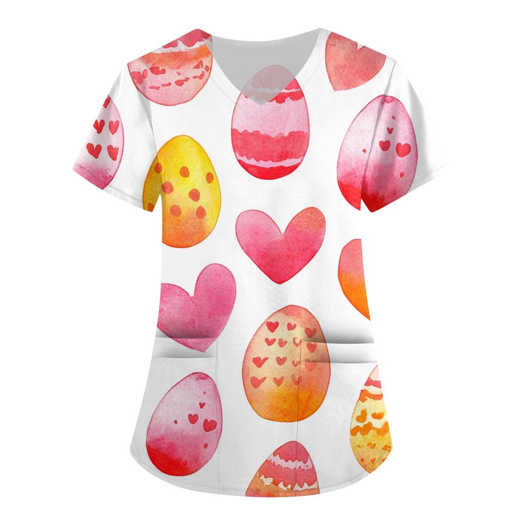 Женская модная рабочая одежда с V-образным вырезом и короткими рукавами, с карманами, с принтом в виде пасхального топа, одежда для ухода