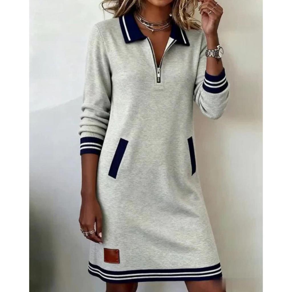 Fall Winter Women's Casual Color Block Dress Zip Collar Long Sleeve Pockets Dress European American Style
