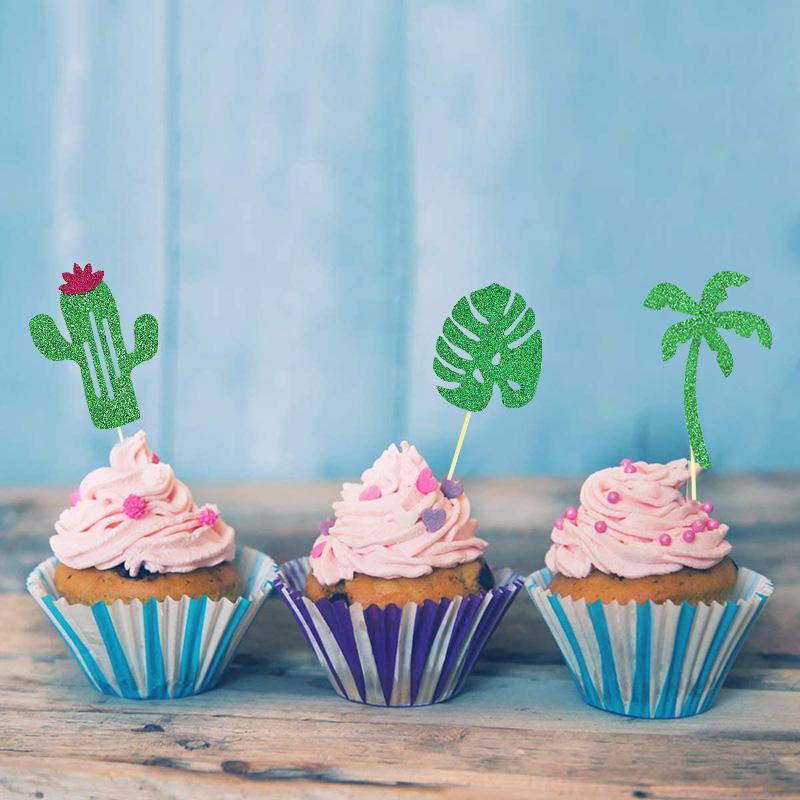 10pcs Hawaiian Party Cupcake Toppers Flamingo Trees Luau Summer Tropical Party Cake Decoration Birthday Party Wedding Supplies