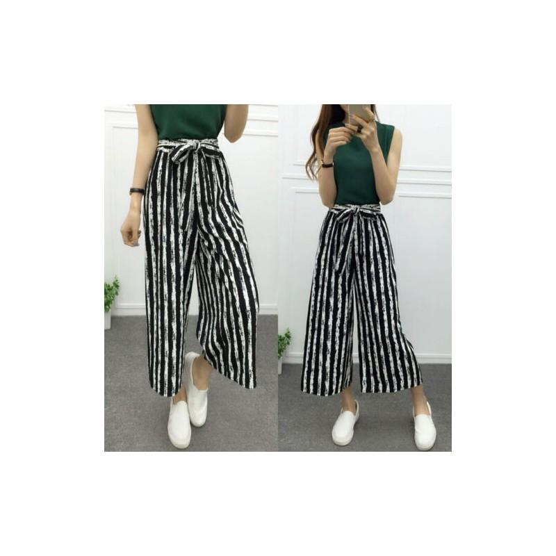 Women Wide Korean Leg High Waist Loose Baggy Casual Striped Crop Pants Trousers