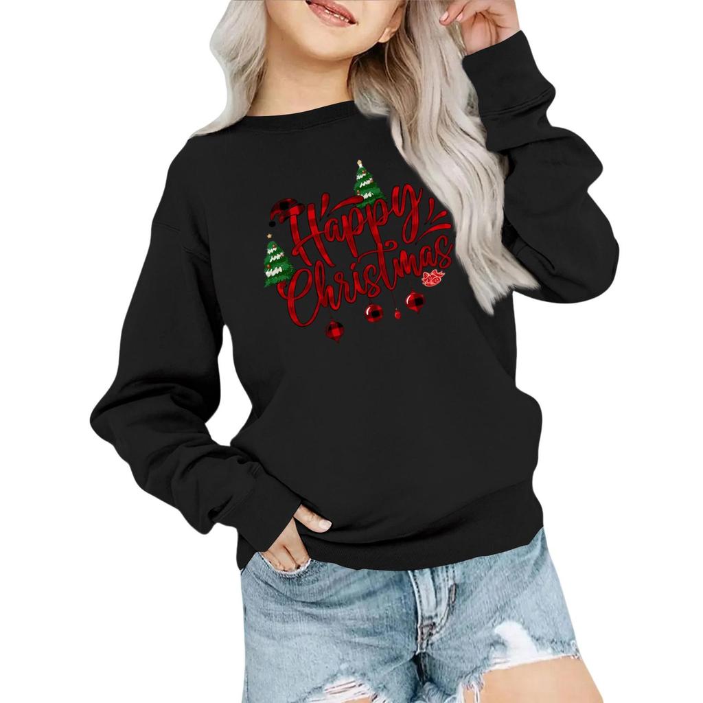 Kids' Fashion Loose-Fit Casual Long-Sleeve Christmas Print Oversized Crewneck Sweatshirt