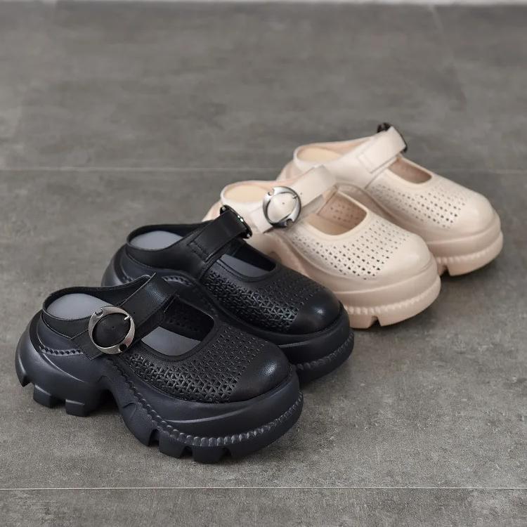 Johnature Легкие тапочки из натуральной кожи с толстой подошвой и круглым носком, дышащие женские туфли с отверстиями