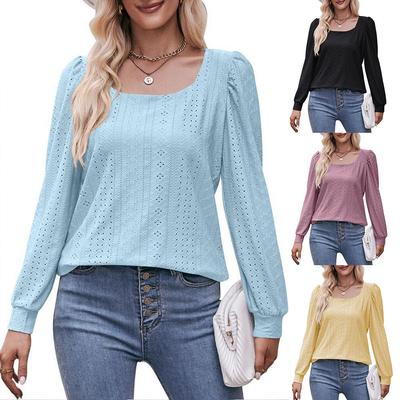 2024 Женский Осенний Новый Топ Pit Striped Square Neck Модный Повседневный Длинный Рукав Стиль Commuter Style Однотонный Элегантный