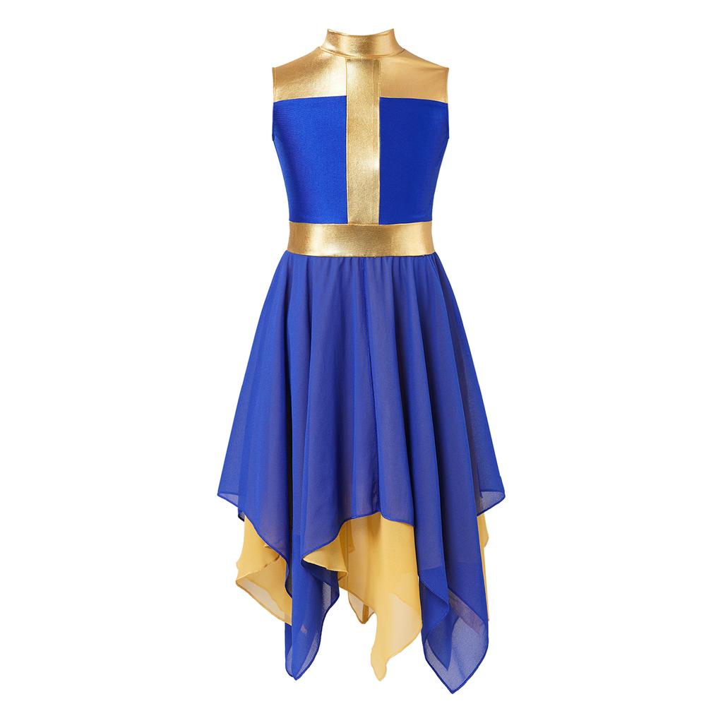 Girls Worship Dance Dress Sleeveless Chiffon Hem Contrast Design Cross Print Praise Lyrical Performance Costume