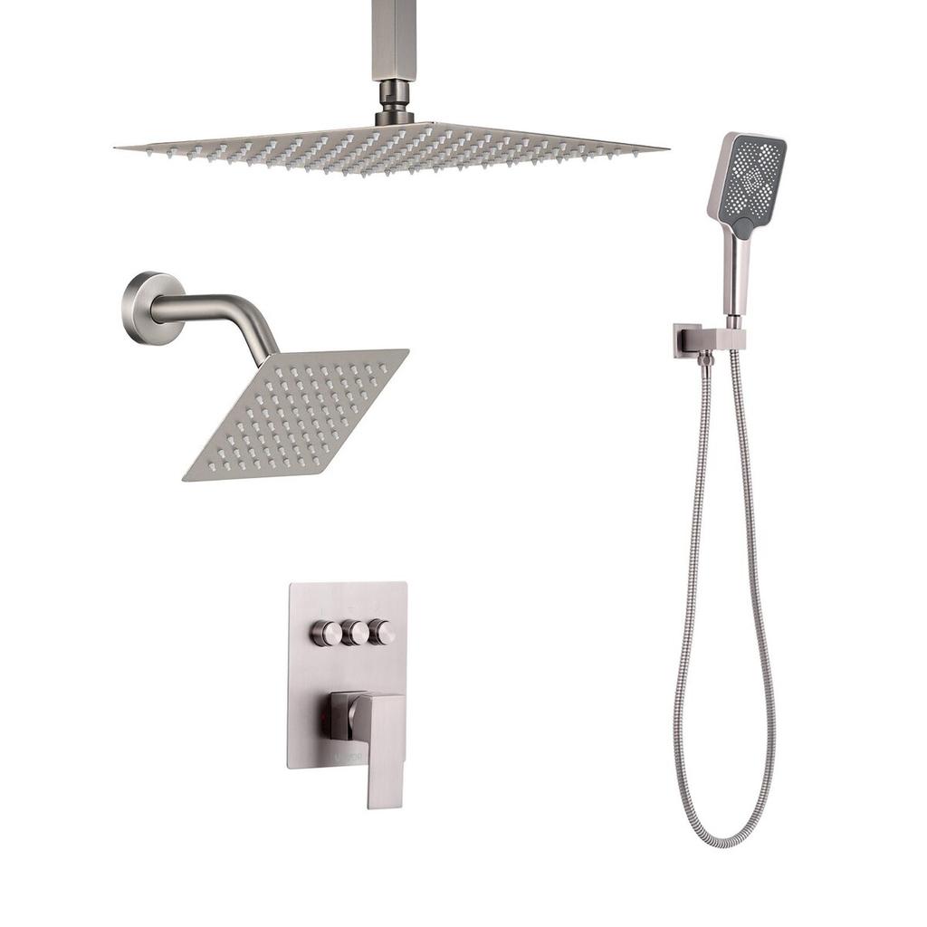 Shower Faucet Set, 305 mm Ceiling Mount Rainfall Shower System with 152 mm Wall Mount Head and 4 in 1 Handheld Spray, Rotatable 3-Function Dual Rain