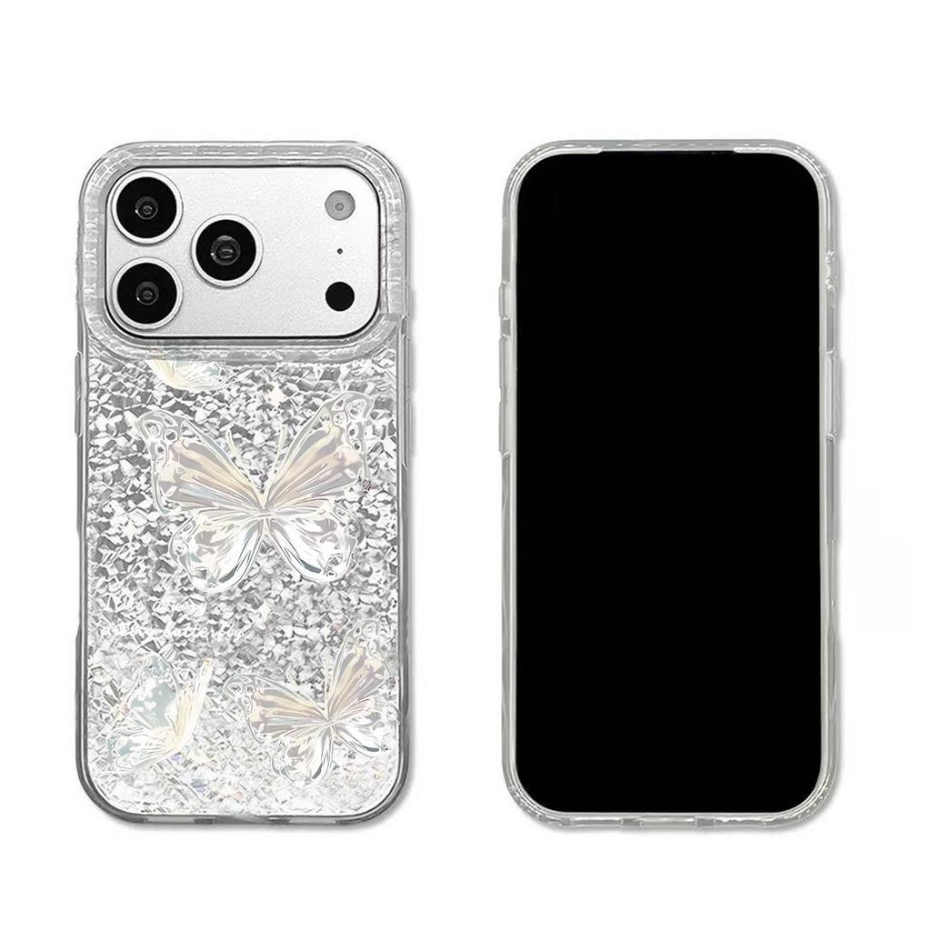 Чехол для iphone 14 XR 12 13 15 18 Pro Max 16 Plus XS Max 11 17 Pro Air Серебристый Блеск Трескающийся Фон Прозрачный Декор с Бабочками
