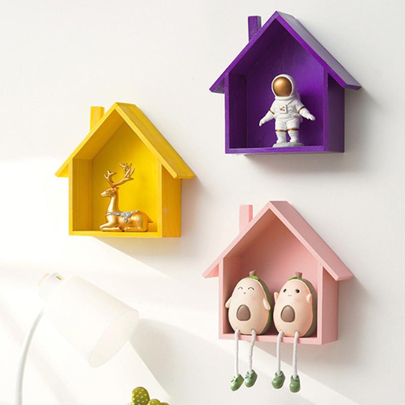 Display Toy Shelf Wooden Wall Shelf Wall Mounted Floating Shelves House Shape Wall Storage Organizer Key Storage Rack Wall Decor