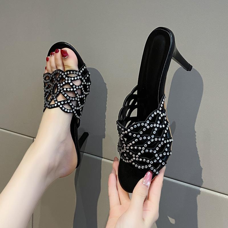 2025 foreign trade new spring and summer sandals high heel thin heel sexy fish mouth European and American rhinestone banquet shoes thin belt hollo