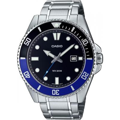 CASIO Стандартные аналоговые спортивные водонепроницаемые часы MDV-107D-1A2V мужские с черным и синим безелем и металлическим ремешком, модель Overseas