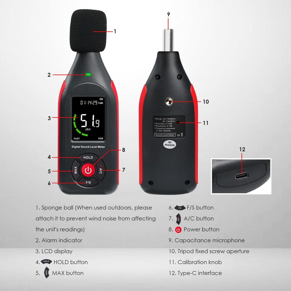 Decibel Meter Sound Level Meter Professional Sound Level Reader Detector MAX Data Noise Monitor Digital SPL dB Meter with Data Record Rechargeable