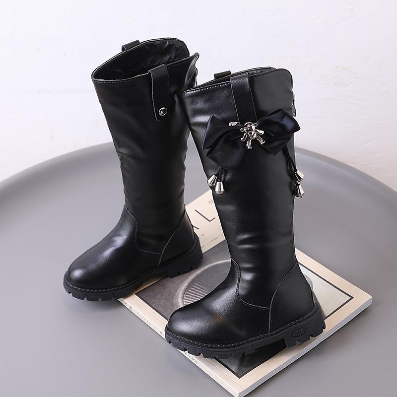 New Sweet Children's Winter Boots Chic Bear Bowknot Girls Fashion Boots Mid-calf Versatile Kids Princess Elegant Cotton Boots