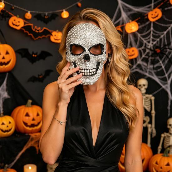 Sparkling Skeleton Face Mask Rhinestones Halloween Mask, 3D Skull Comfortable Full Glittering Piece for Adult Cosplay Parties & Haunted House