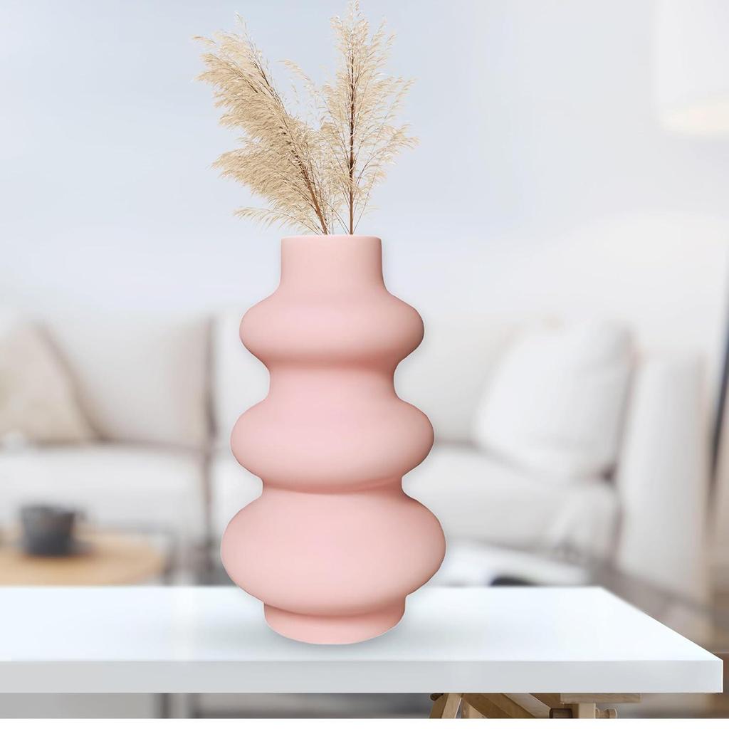 Керамическая ваза «Baby Pink Triple Ring» 8 дюймов — набор из 1 шт. | Декоративная ваза с тремя кольцами для сухоцветов и пампасной травы | Вазы для домашнего декора