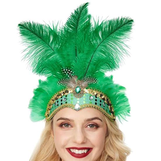 Feather Headpiece Hair Band with Rhinestones Sequins Elastic Carnival Headdress Women Lightweight Festival Headdress