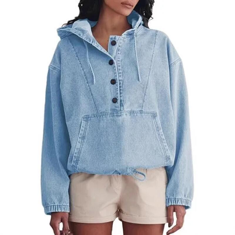 Women Denim Hoodies Button Pockets Vintage Streetwear Autumn Winter Female Hooded Sweatshirts Ladies Casual Loose Pullover Tops