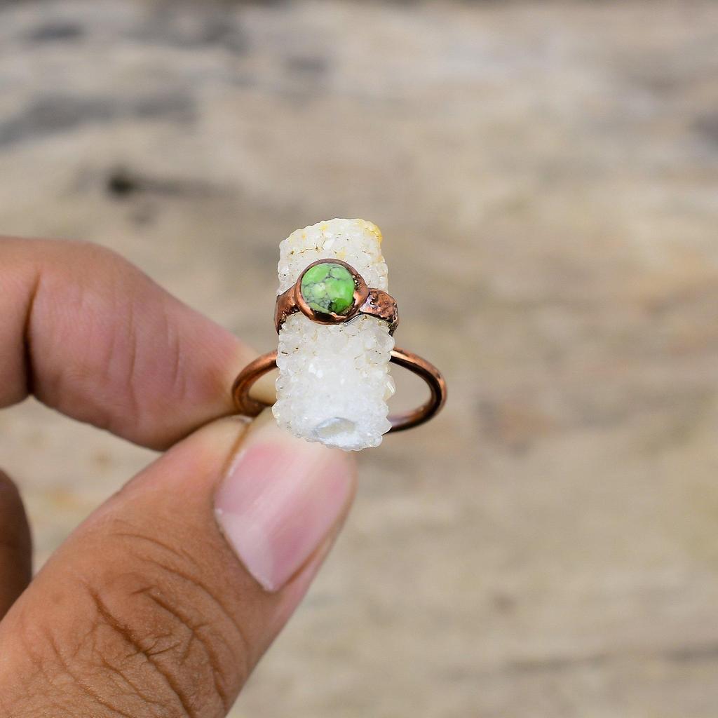 Кольцо с радужным лунным камнем, гальваническое медное кольцо, зеленое кольцо с бирюзовым драгоценным камнем, регулируемое кольцо, ювелирные изделия ручной работы, гальванопластика для подарка