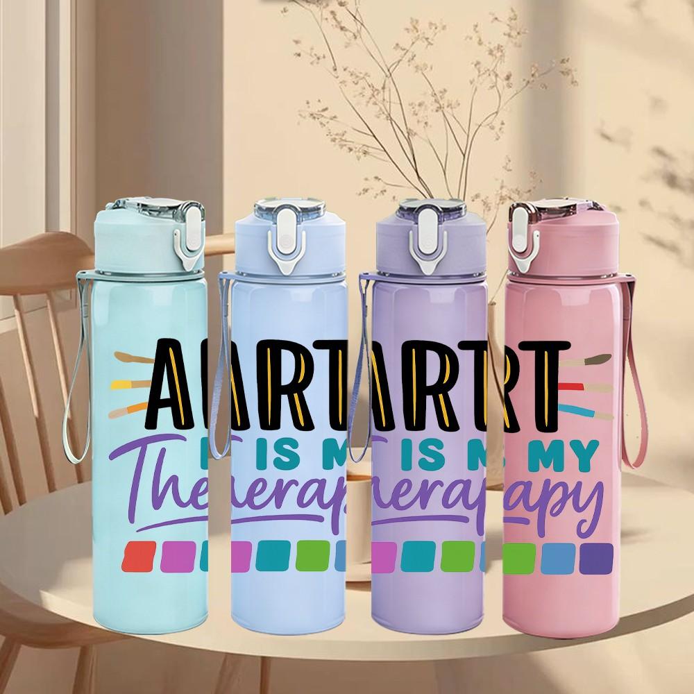 1PC Art Is My Therapy Color Letter 750ml Color Plastic Sports Water Bottle Leakproof Flip Straw Lid Suitable for Sports Office Home Use
