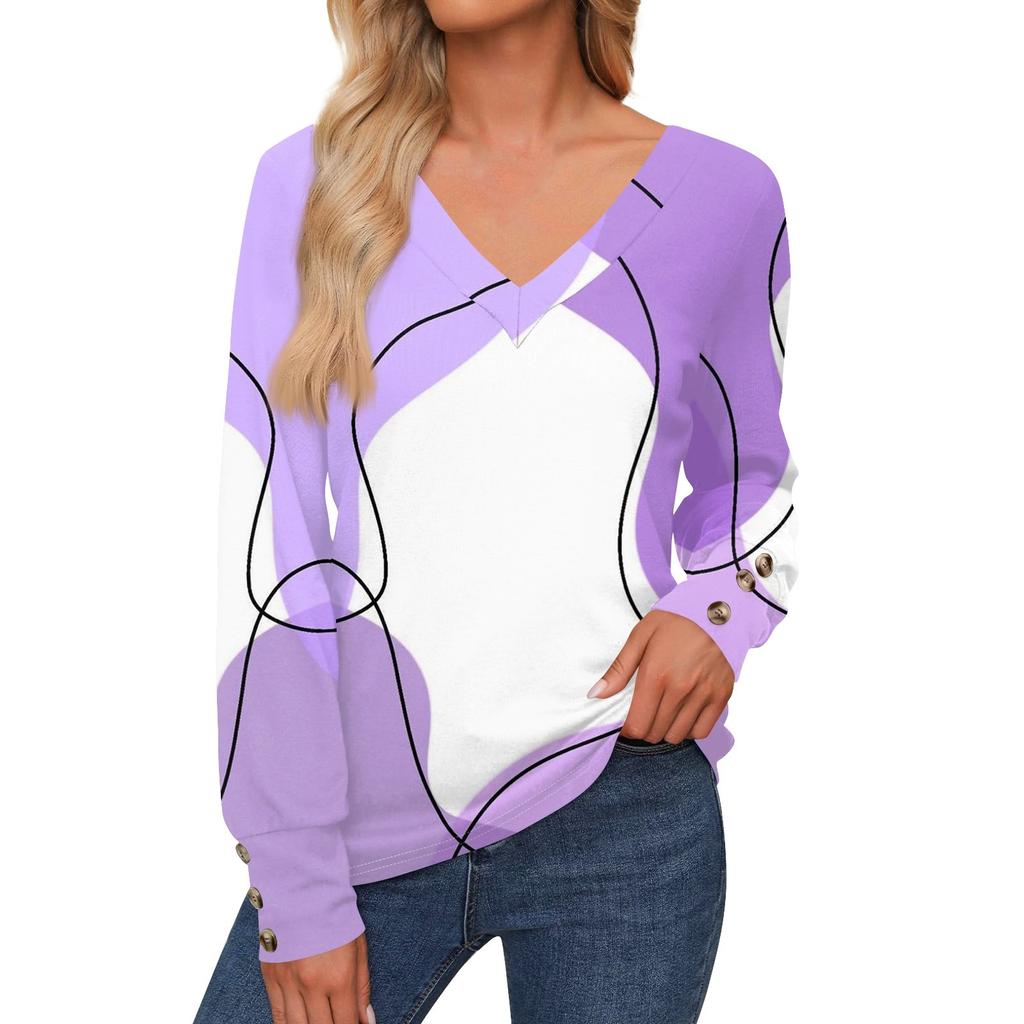 Женская повседневная модная рубашка с длинными рукавами и манжетами на пуговицах, свободная футболка с V-образным вырезом, осенняя одежда