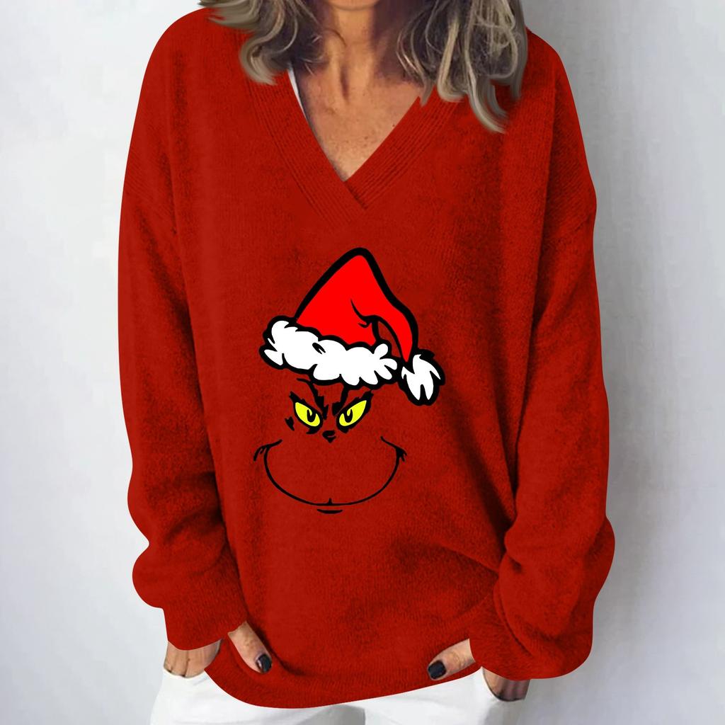 Женская мода повседневная рождественская принтованная трикотажная кофта с V-образным вырезом и длинными рукавами, модный милый свитшот