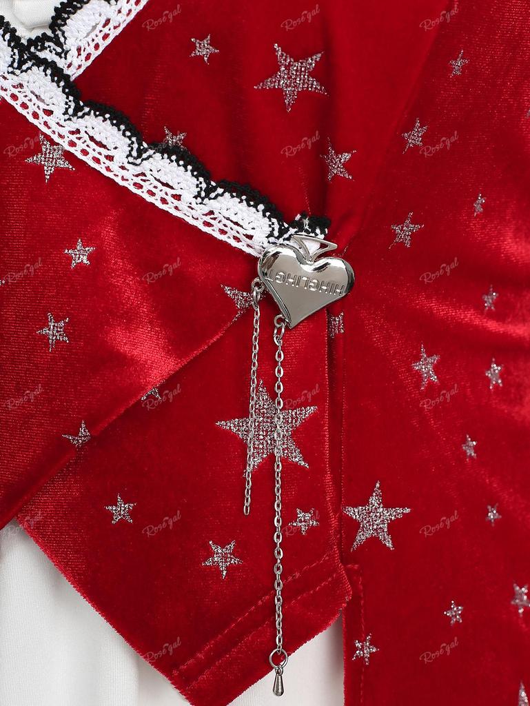 Rosegal Plus Размер Рождественская футболка с рюшами и кружевной отделкой серебряной штампованной звездой и рукавами-колокольчиками